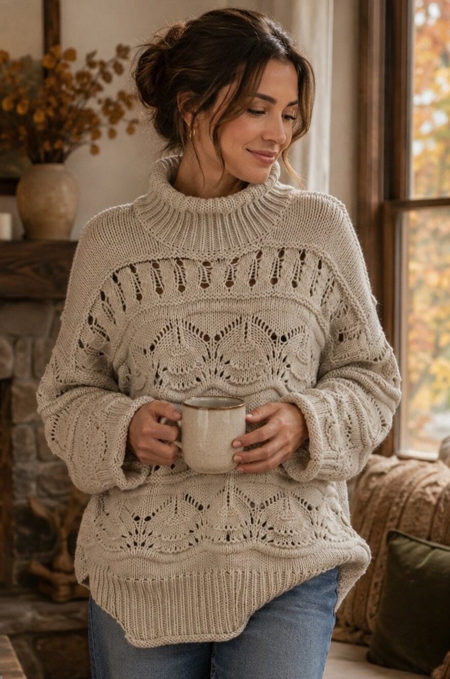 Crochet Sweater Ivory Cream Chunky Knit Womens XL High Neck Winter Jumper Thick